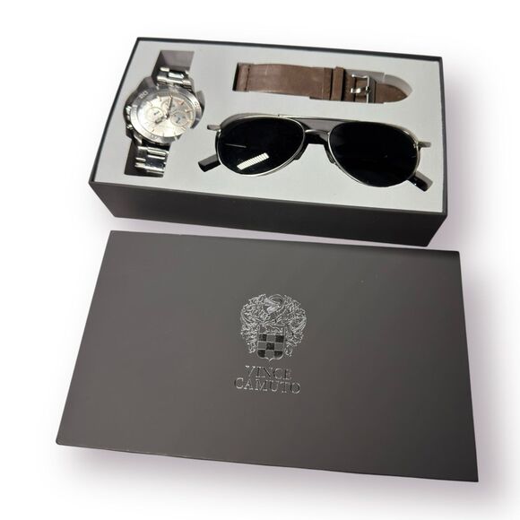 Vince Camuto Men's Silver Watch & Sunglasses Gift Set VC/1147GYSVST Chronograph - Picture 1 of 7
